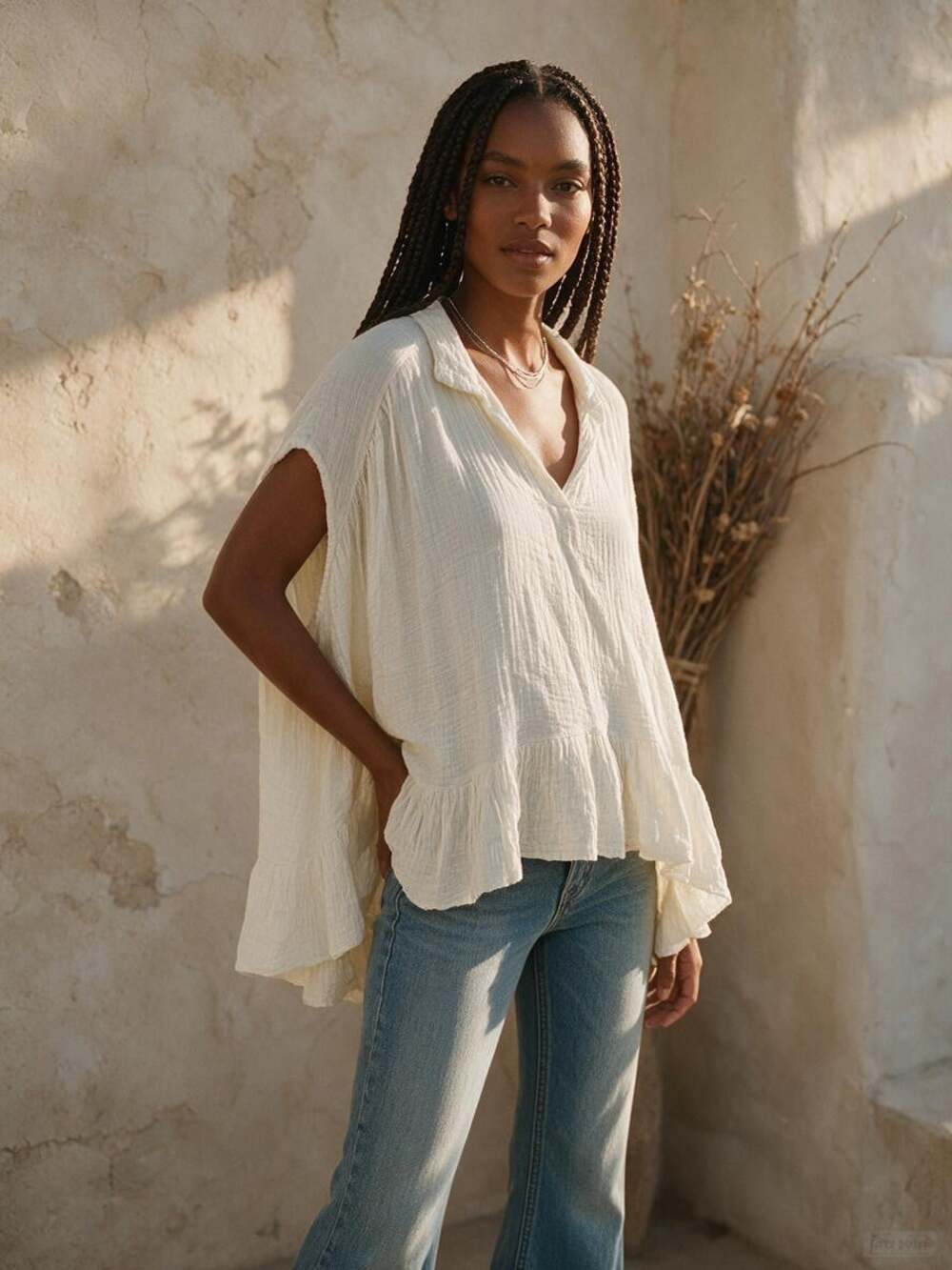 Scandal Italy Womens S Ivory Cream 100% Cotton Gauze Tunic Top Boho Cottagecore